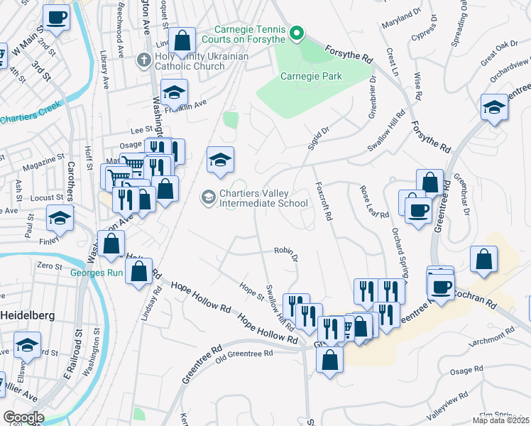 map of restaurants, bars, coffee shops, grocery stores, and more near 2050 Swallow Hill Court in Pittsburgh