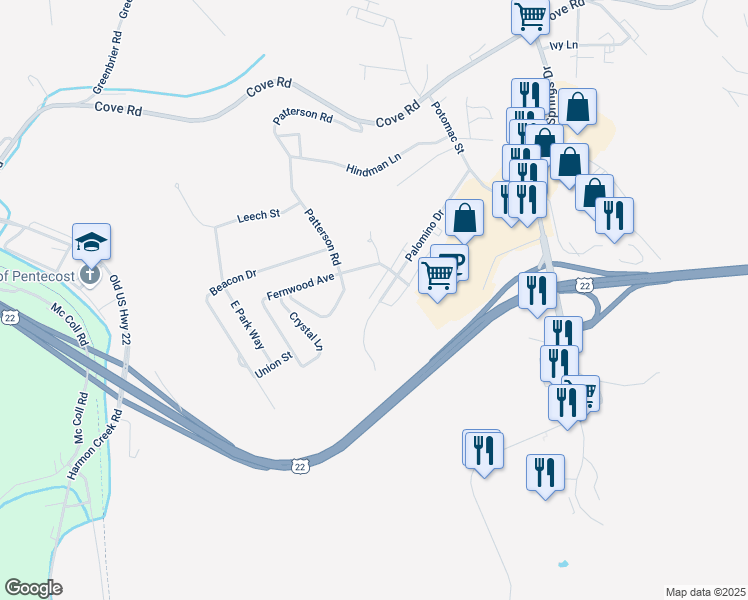 map of restaurants, bars, coffee shops, grocery stores, and more near 314 Patterson Ln in Weirton