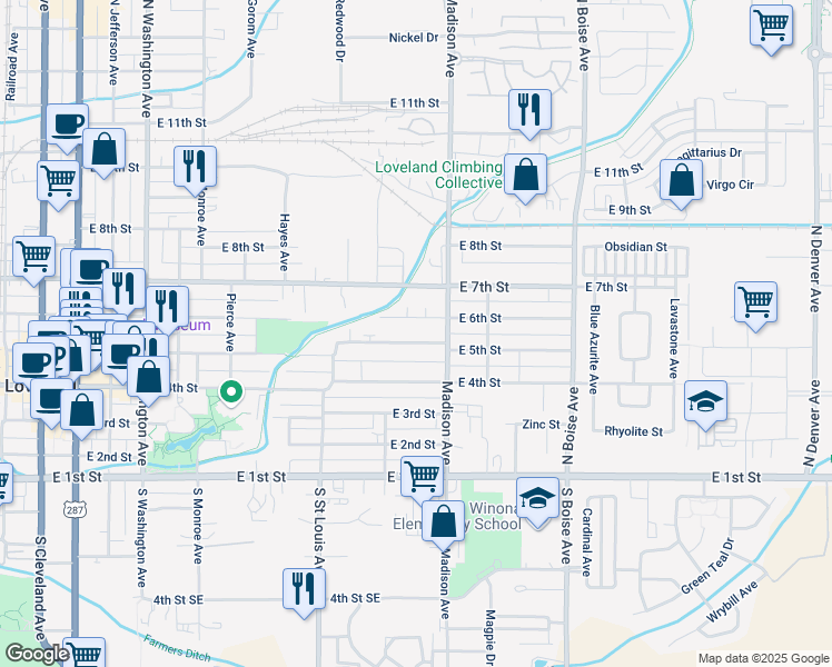 map of restaurants, bars, coffee shops, grocery stores, and more near 1208 East 6th Street in Loveland