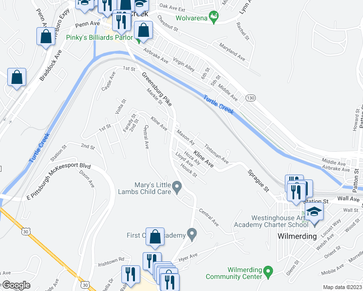 map of restaurants, bars, coffee shops, grocery stores, and more near 318 Kline Avenue in North Versailles