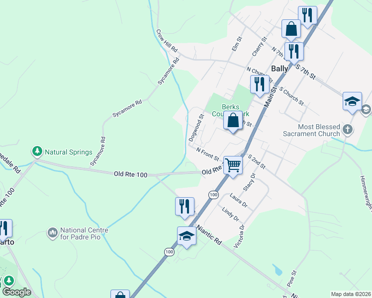 map of restaurants, bars, coffee shops, grocery stores, and more near 2492 Old Route 100 in Barto