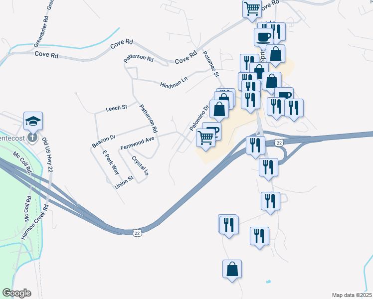 map of restaurants, bars, coffee shops, grocery stores, and more near Palamino Drive in Weirton