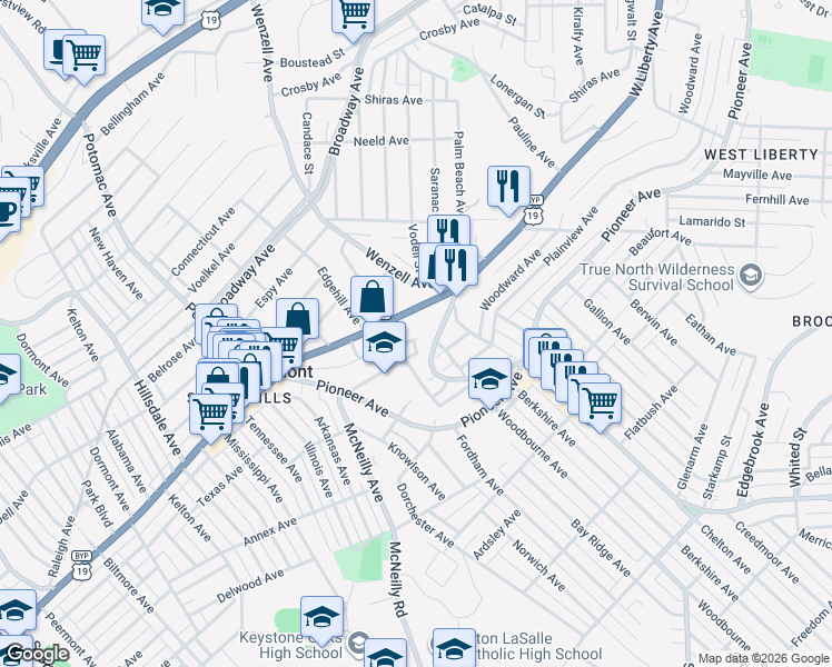 map of restaurants, bars, coffee shops, grocery stores, and more near 2665 Amman Street in Pittsburgh