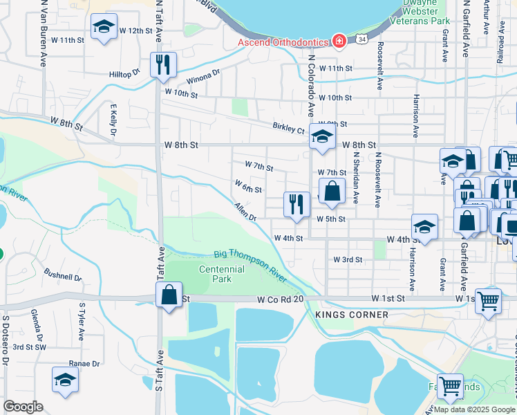 map of restaurants, bars, coffee shops, grocery stores, and more near 535 North Douglas Avenue in Loveland