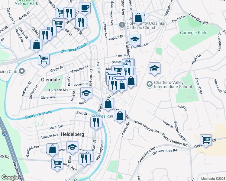 map of restaurants, bars, coffee shops, grocery stores, and more near in Scott Township