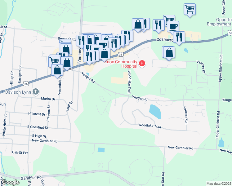map of restaurants, bars, coffee shops, grocery stores, and more near 16500 Yauger Road in Mount Vernon