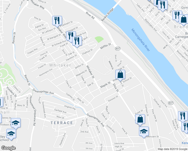 map of restaurants, bars, coffee shops, grocery stores, and more near 3301 Whitaker Street in West Mifflin