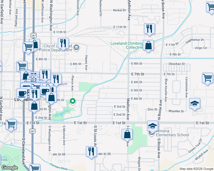 map of restaurants, bars, coffee shops, grocery stores, and more near 1164 East 5th Street in Loveland