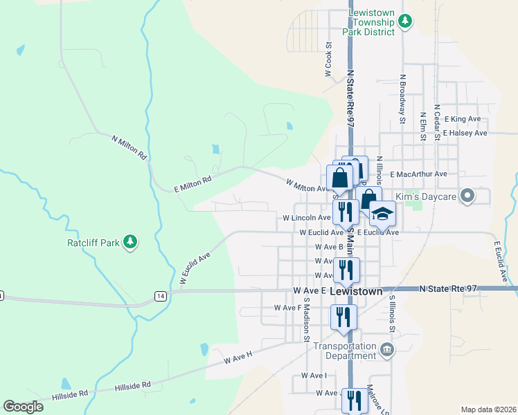 map of restaurants, bars, coffee shops, grocery stores, and more near 701-799 West Lincoln Avenue in Lewistown