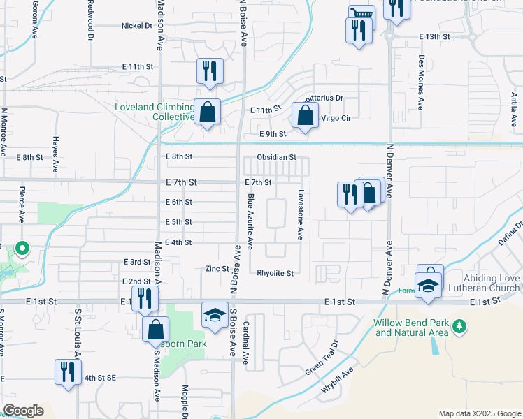 map of restaurants, bars, coffee shops, grocery stores, and more near 479 Flint Avenue in Loveland