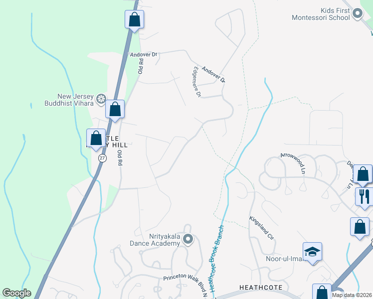 map of restaurants, bars, coffee shops, grocery stores, and more near 117 Andover Drive in South Brunswick Township