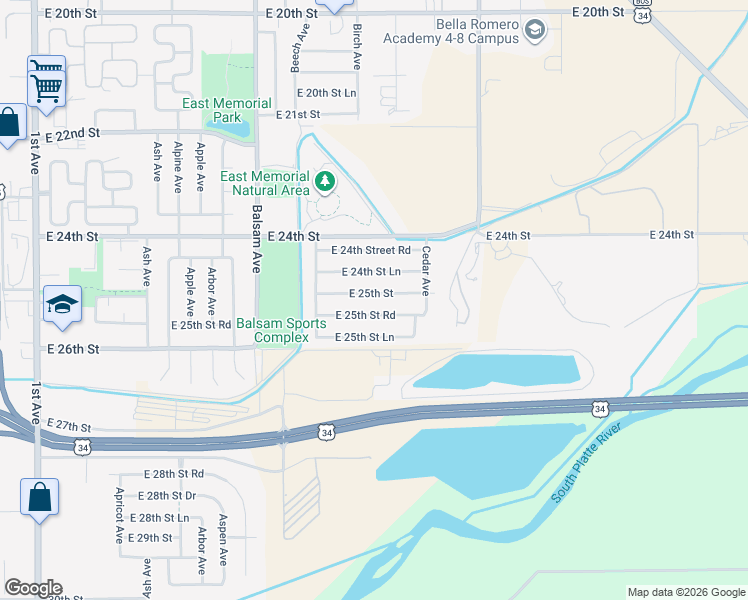 map of restaurants, bars, coffee shops, grocery stores, and more near 1008 East 25th Street Road in Greeley