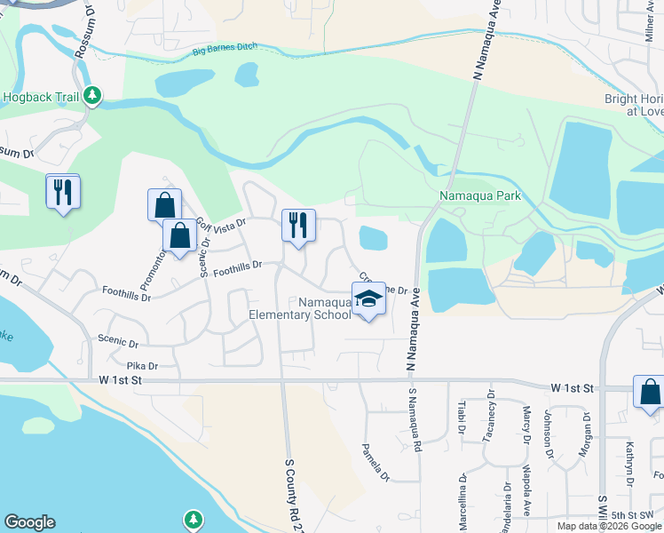 map of restaurants, bars, coffee shops, grocery stores, and more near 3773 Foothills Drive in Loveland