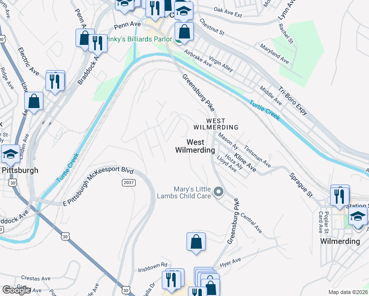 map of restaurants, bars, coffee shops, grocery stores, and more near 175 Central Avenue in North Versailles