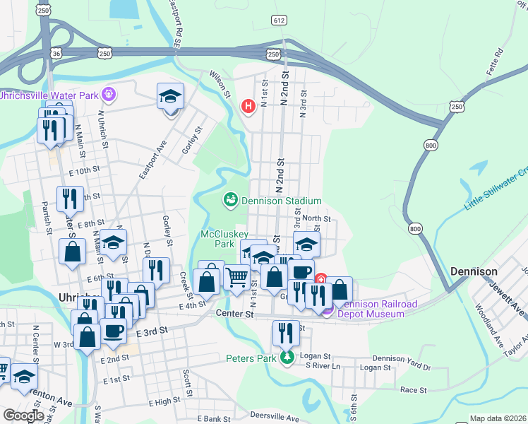 map of restaurants, bars, coffee shops, grocery stores, and more near 410 North 1st Street in Dennison