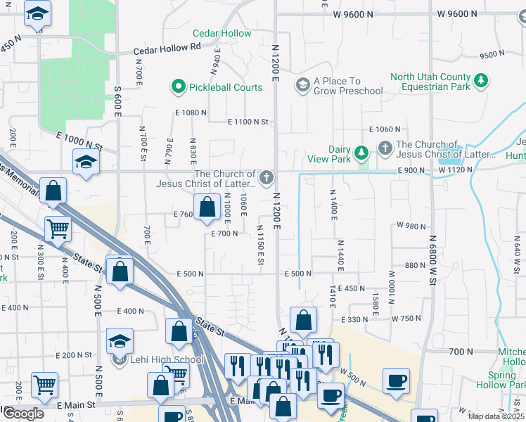 map of restaurants, bars, coffee shops, grocery stores, and more near 1175 East 800 North Street in Lehi