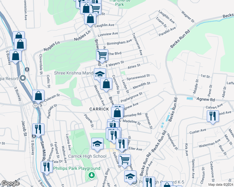map of restaurants, bars, coffee shops, grocery stores, and more near 1808 Concordia Street in Pittsburgh