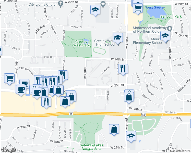 map of restaurants, bars, coffee shops, grocery stores, and more near 3775 West 25th Street in Greeley