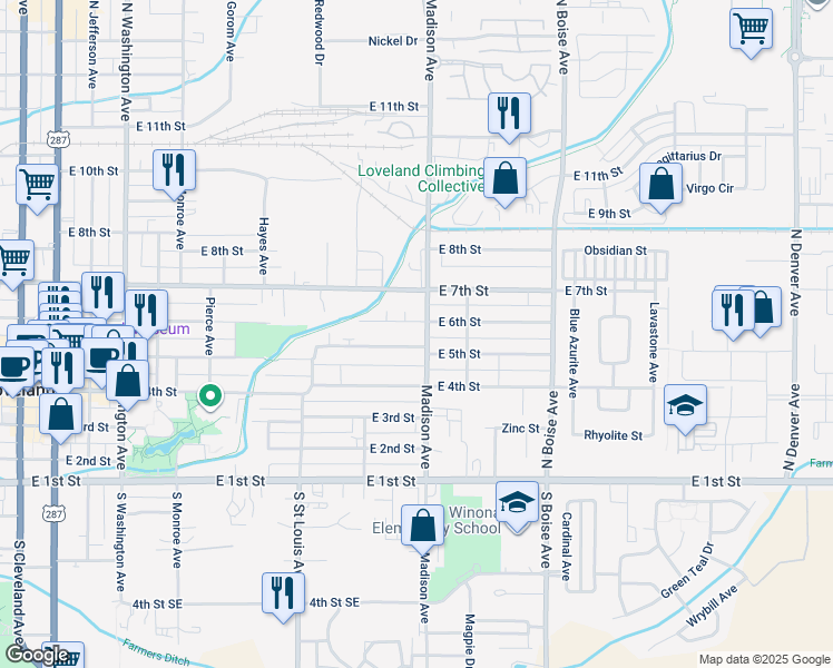 map of restaurants, bars, coffee shops, grocery stores, and more near 1232 East 5th Street in Loveland