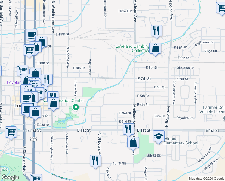 map of restaurants, bars, coffee shops, grocery stores, and more near 1164 East 5th Street in Loveland