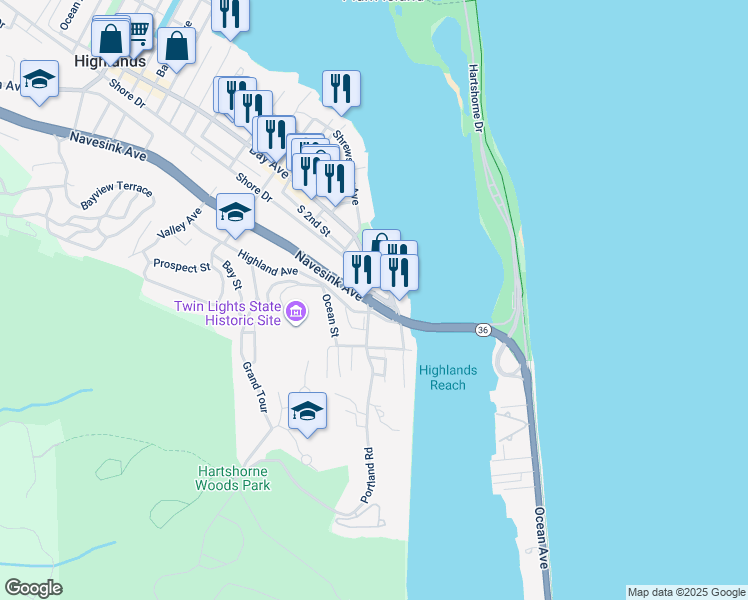 map of restaurants, bars, coffee shops, grocery stores, and more near 2 Hilltop Terrace in Highlands