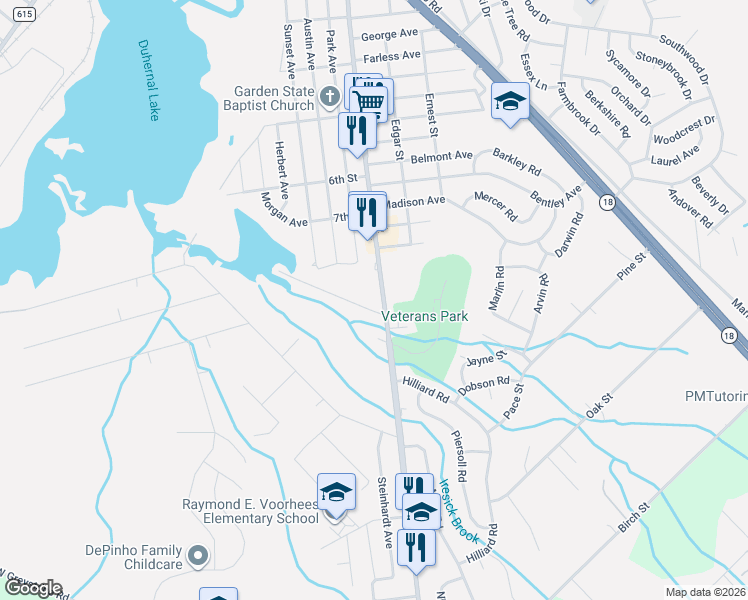 map of restaurants, bars, coffee shops, grocery stores, and more near 8 Brunswick Avenue in Old Bridge