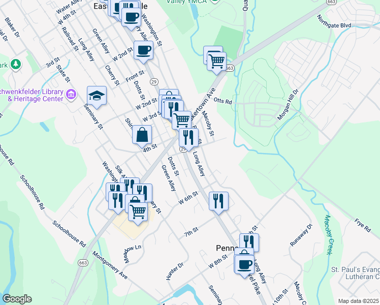 map of restaurants, bars, coffee shops, grocery stores, and more near 500 Main Street in Pennsburg