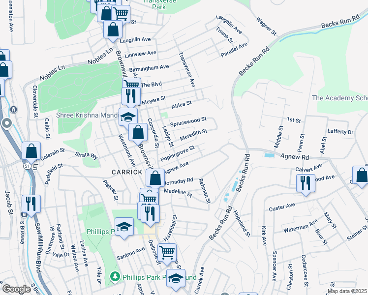 map of restaurants, bars, coffee shops, grocery stores, and more near 204 Poplargrove Street in Pittsburgh