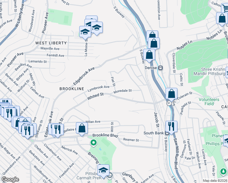 map of restaurants, bars, coffee shops, grocery stores, and more near 2167 Whited Street in Pittsburgh