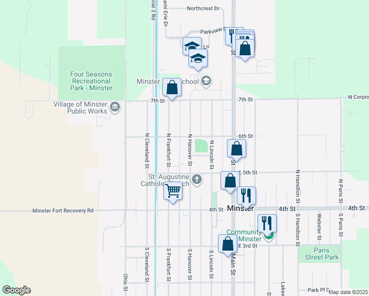 map of restaurants, bars, coffee shops, grocery stores, and more near 139 North Hanover Street in Minster