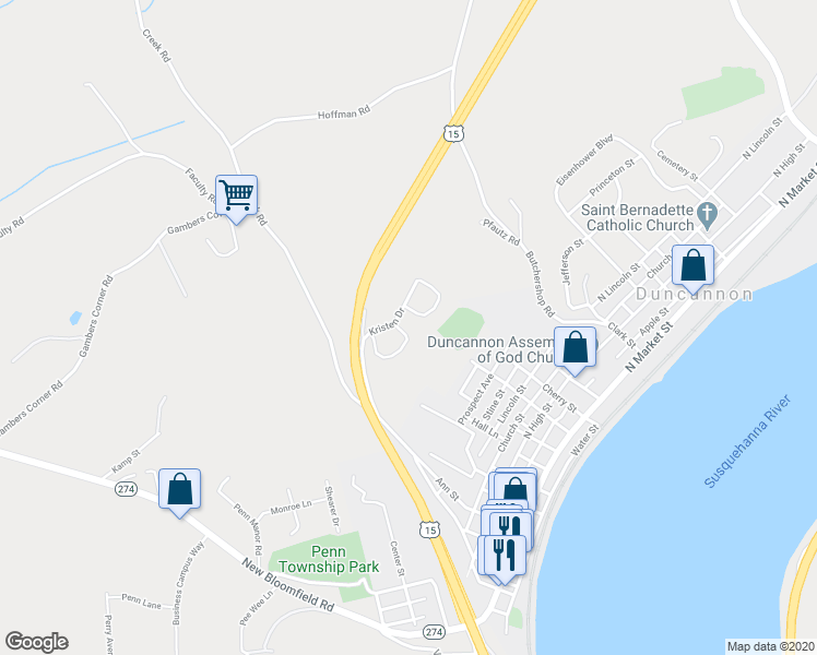 map of restaurants, bars, coffee shops, grocery stores, and more near 7 Suzanne Drive in Duncannon