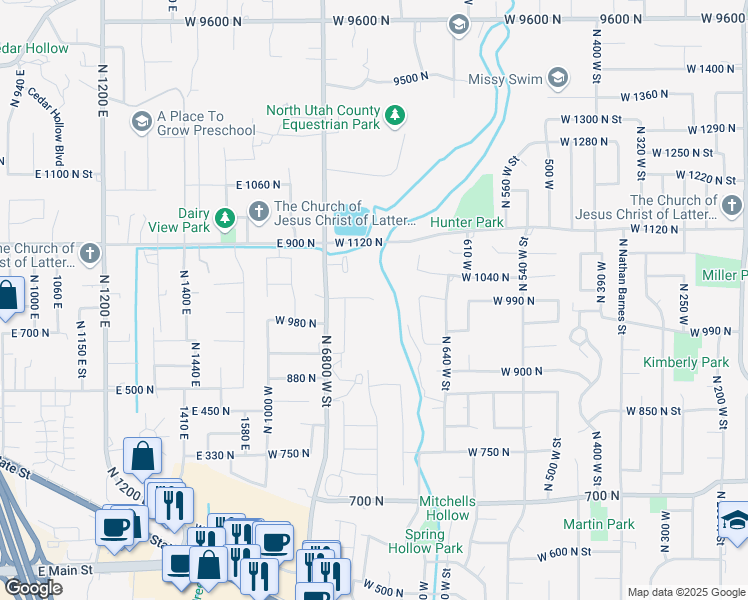 map of restaurants, bars, coffee shops, grocery stores, and more near 429 West 1000 North in American Fork