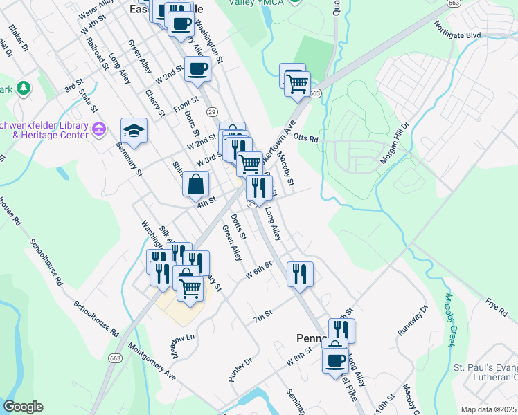 map of restaurants, bars, coffee shops, grocery stores, and more near 500 Main Street in Pennsburg