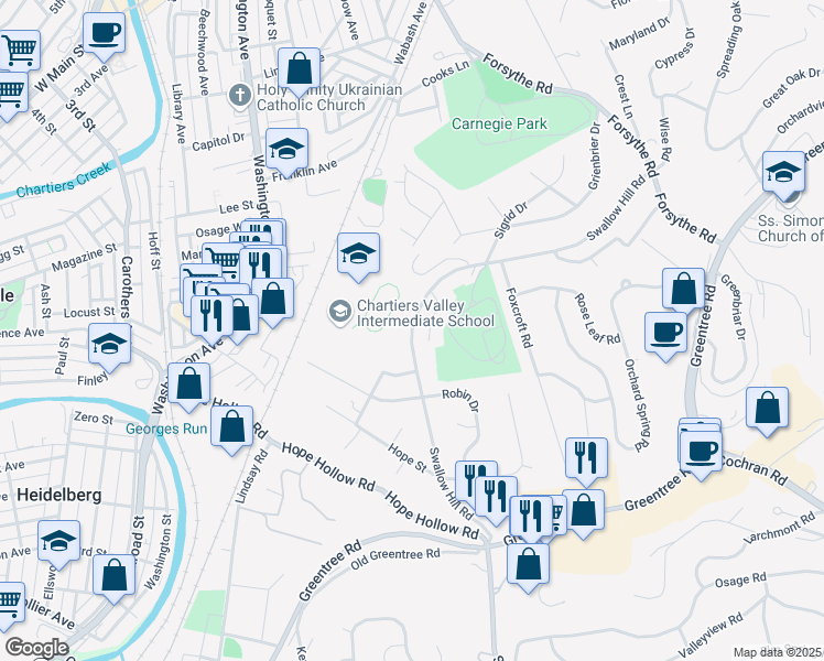 map of restaurants, bars, coffee shops, grocery stores, and more near 2037 East Swallow Hill Road in Pittsburgh