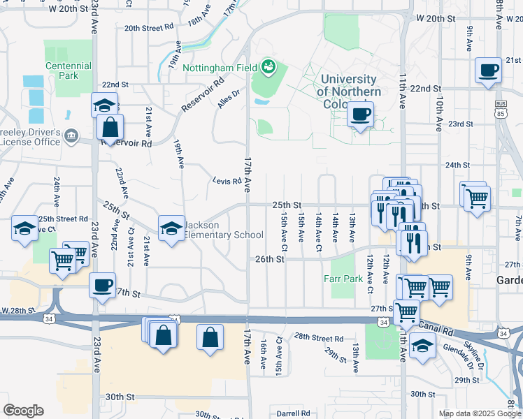 map of restaurants, bars, coffee shops, grocery stores, and more near 2520 17th Avenue in Greeley