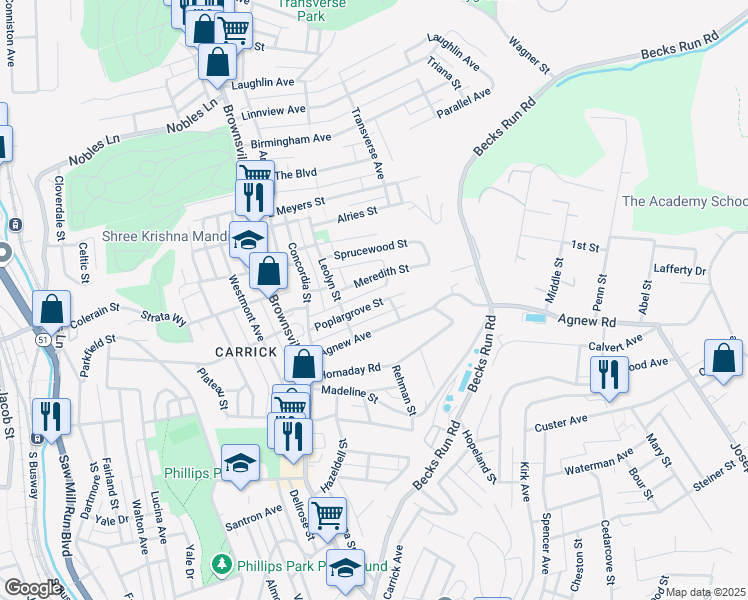 map of restaurants, bars, coffee shops, grocery stores, and more near 229 Poplargrove Street in Pittsburgh