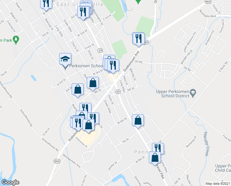 map of restaurants, bars, coffee shops, grocery stores, and more near 445 Main Street in Pennsburg