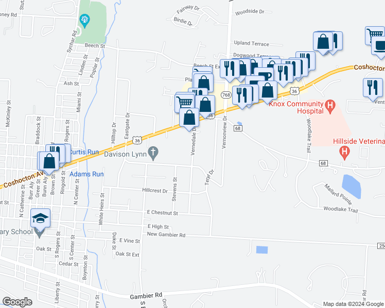 map of restaurants, bars, coffee shops, grocery stores, and more near 306 Vernedale Drive in Mount Vernon