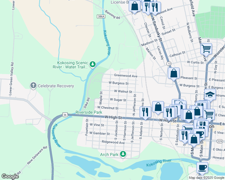 map of restaurants, bars, coffee shops, grocery stores, and more near 809 West Sugar Street in Mount Vernon
