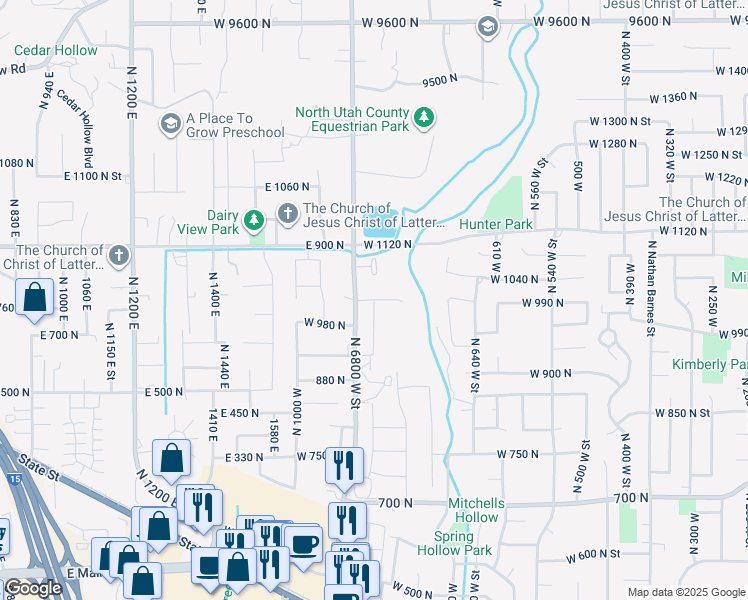 map of restaurants, bars, coffee shops, grocery stores, and more near West 1000 North in American Fork