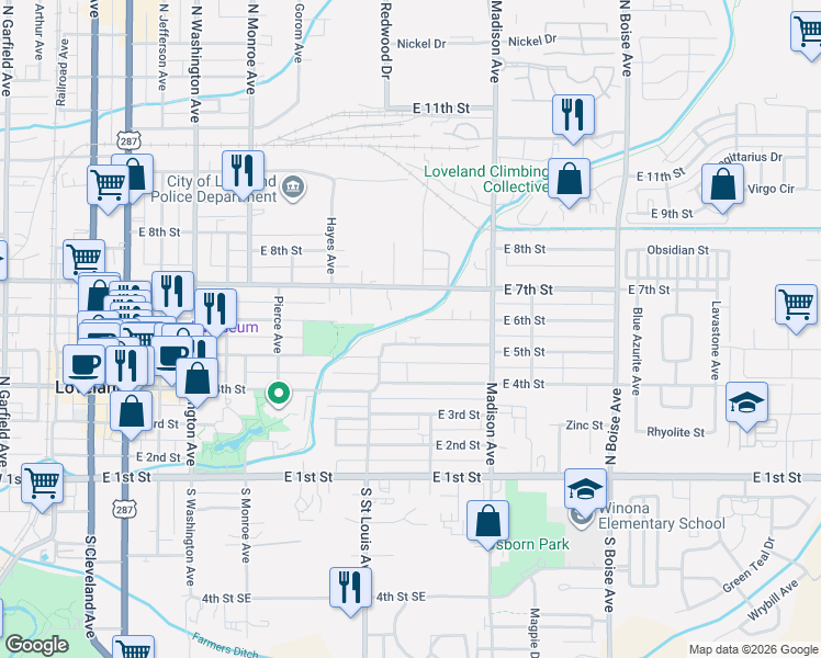 map of restaurants, bars, coffee shops, grocery stores, and more near 1164 East 5th Street in Loveland