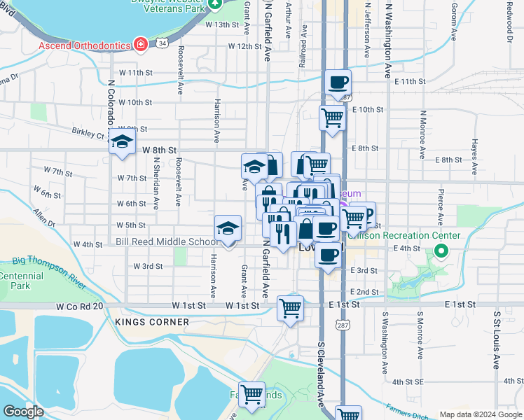 map of restaurants, bars, coffee shops, grocery stores, and more near 437 North Garfield Avenue in Loveland