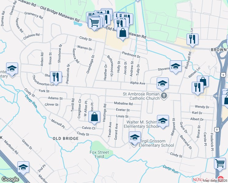 map of restaurants, bars, coffee shops, grocery stores, and more near 81 Woodview Drive in Old Bridge