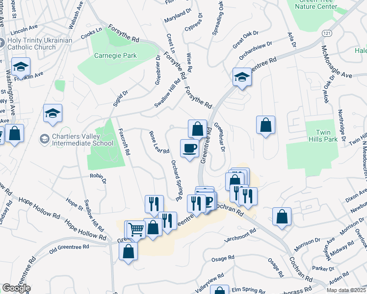 map of restaurants, bars, coffee shops, grocery stores, and more near 213 Orchard Spring Road in Pittsburgh