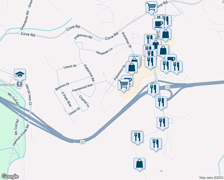 map of restaurants, bars, coffee shops, grocery stores, and more near Palamino Drive in Weirton
