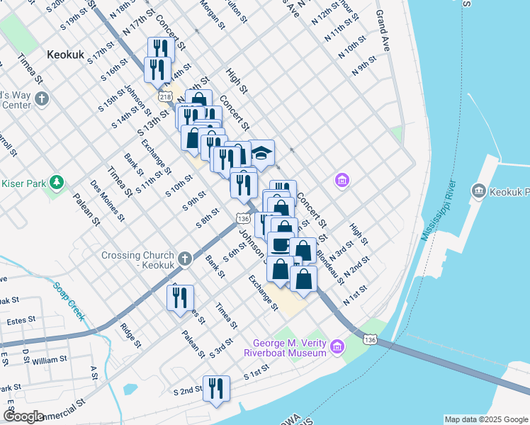 map of restaurants, bars, coffee shops, grocery stores, and more near 600 Main St in Keokuk