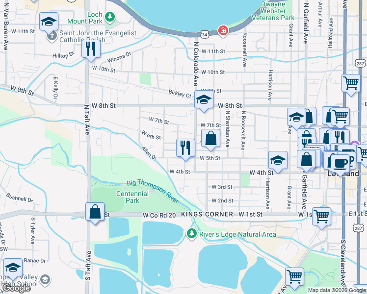 map of restaurants, bars, coffee shops, grocery stores, and more near 904 West 5th Street in Loveland