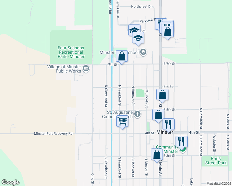 map of restaurants, bars, coffee shops, grocery stores, and more near 147 North Frankfort Street in Minster