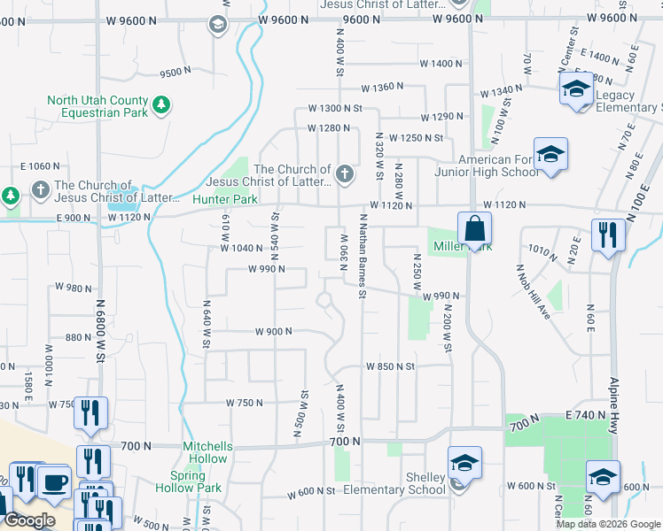 map of restaurants, bars, coffee shops, grocery stores, and more near 407 West 1040 North in American Fork
