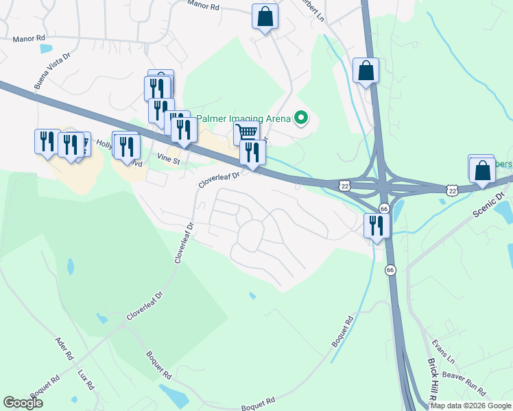 map of restaurants, bars, coffee shops, grocery stores, and more near 717 Cloverleaf Circle in Delmont